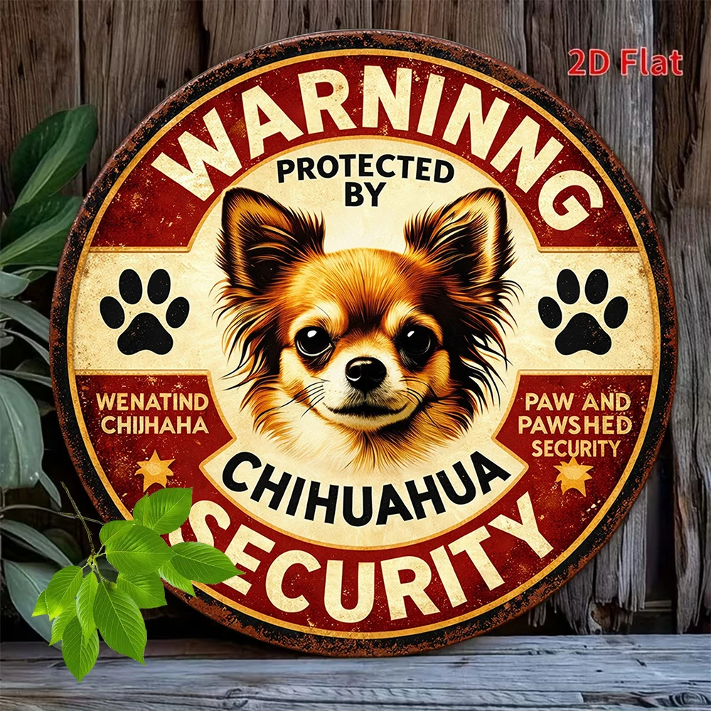 2D Flat Pack Vintage Chihuahua Security Sign - Distressed Retro Warning Sign with Chihuahua Pattern, Faux Round Wall Hanging