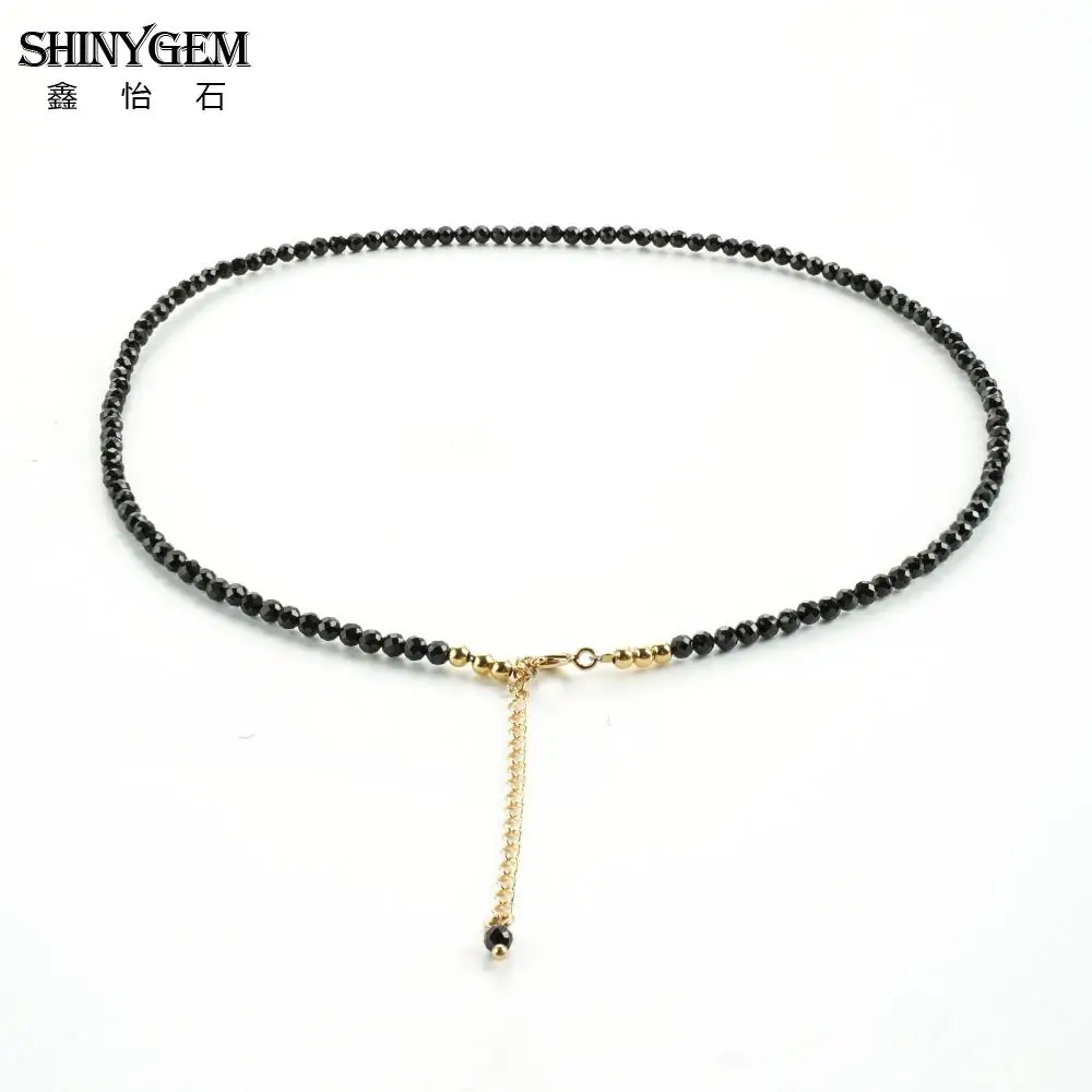 SHINYGEM 3mm Black Spinel Beaded with Gold Tassel Adjustable 45cm Jewelry Women Cut Faceted Bead Gemstone Necklace