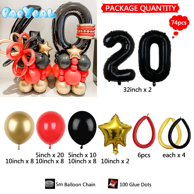 74Pcs Chrome Gold Red Balloon Set 40inch Black Number Aluminum Foil Ballons Adult Birthday Globos 20 30 40 50th Birthday Decor