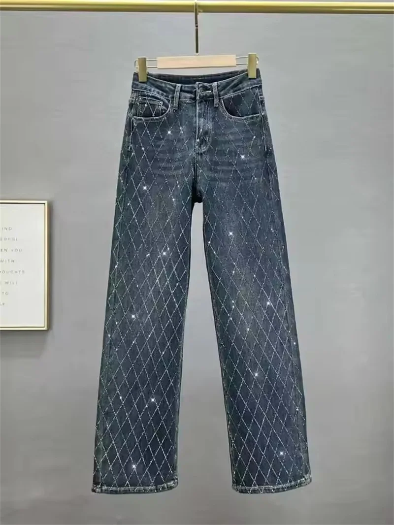 

Fashion Women's Jeans High Waist One Side Plaid Shape Diamonds Wide Leg Denim Pants 2025 New Classic Straight Trousers