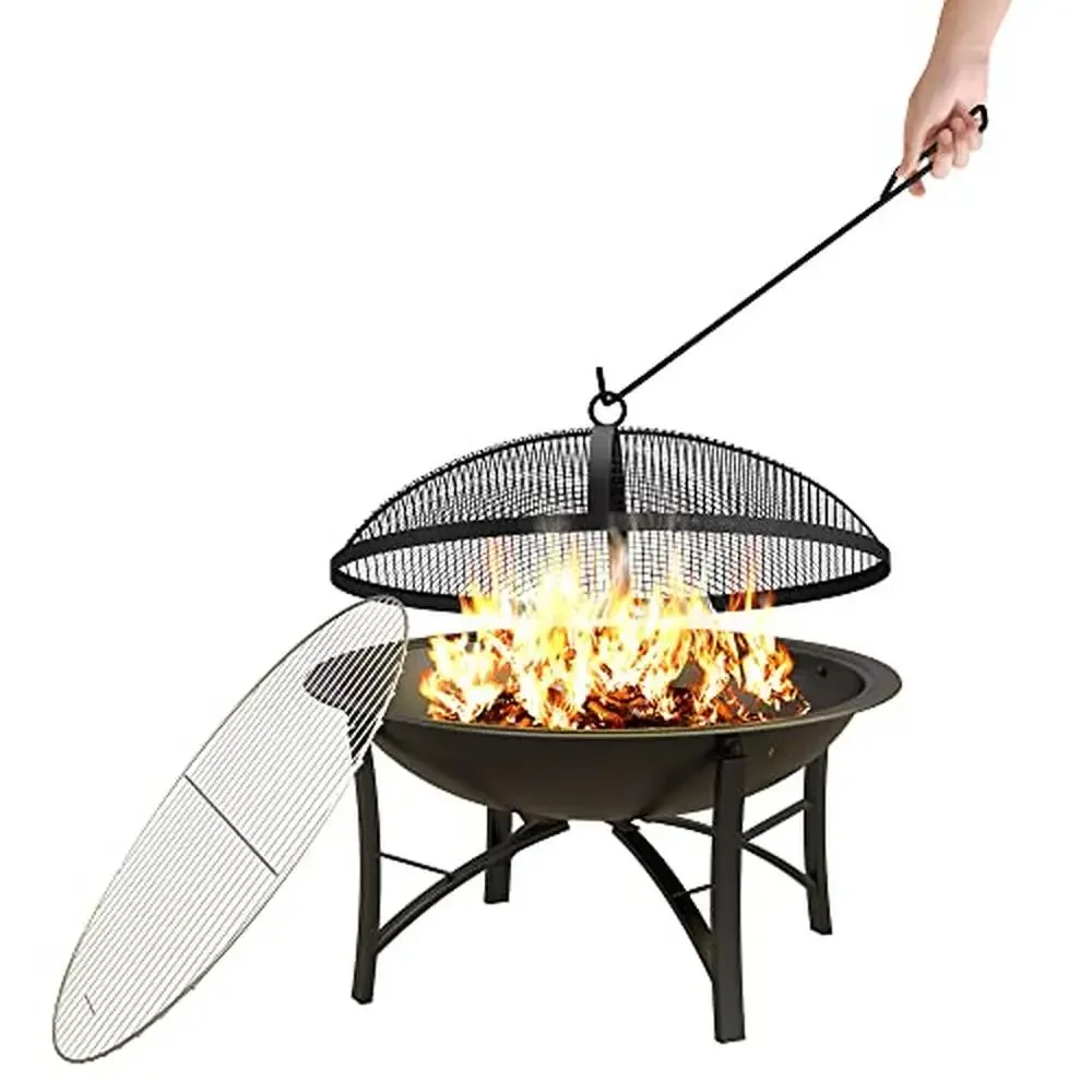 Steel Round Outdoor Wood Burning Fire Pit BBQ Grill with Spark Screen Cover Log Grate Poker Camping Beach Bonfire Compact Size &