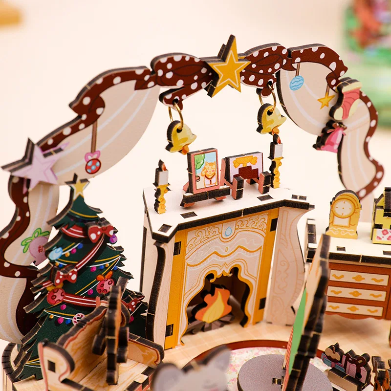 DIY 3D Wooden Animals Party Music Box Miniature Model Kits Jigsaw Puzzles Can Move for Friends Birthday Gifts Home Decoration