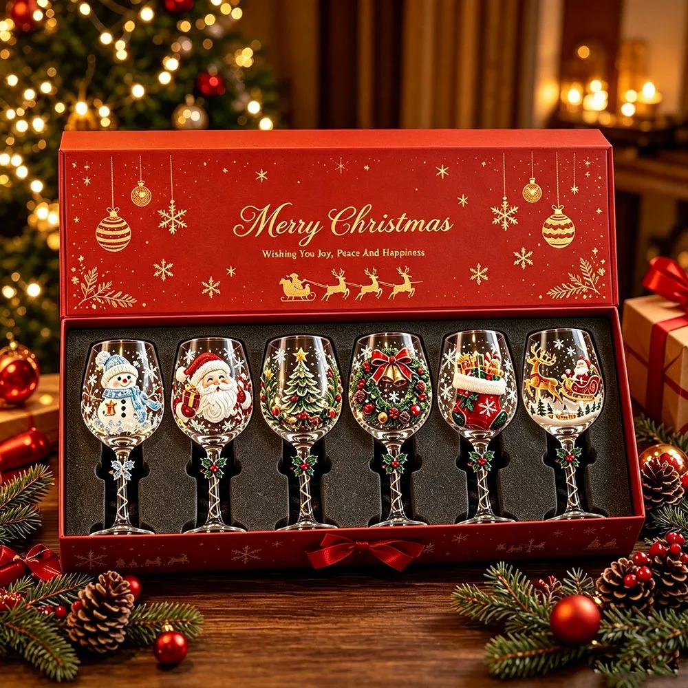 Decorative Santa Claus Christmas Wine Glass Elk Snowman Glass Goblet Creative Transparent Xmas Embossed Cup Christmas