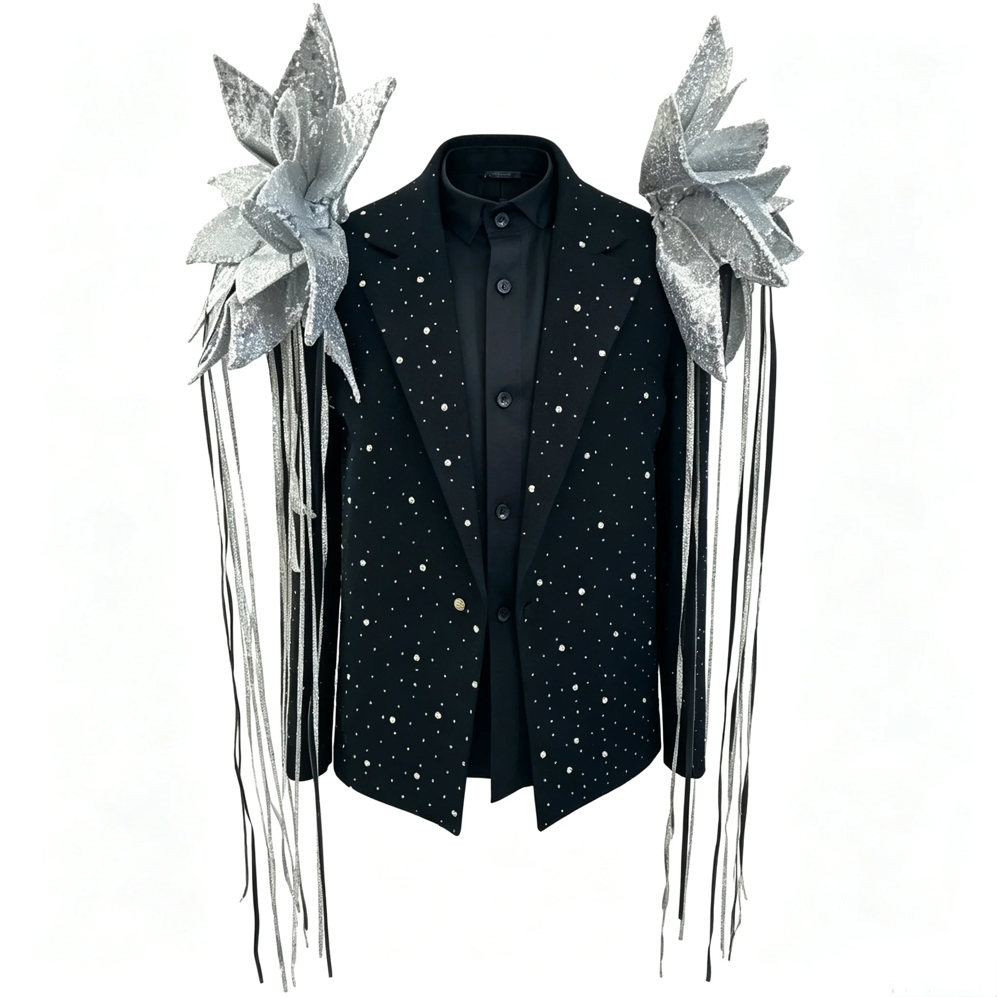 Unisex Stage Costume Black Suit Jacket Hand‑set Rhinestones 3D Silver Flower Shoulder With Long Fringes  Nightclub Performance