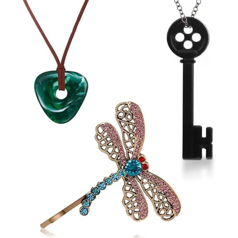 3pcs Movie Black Button Key Necklace of The Secret Door Pendant Necklaces Button Glasses Dragonfly Hair Clip Cosplay Accessories