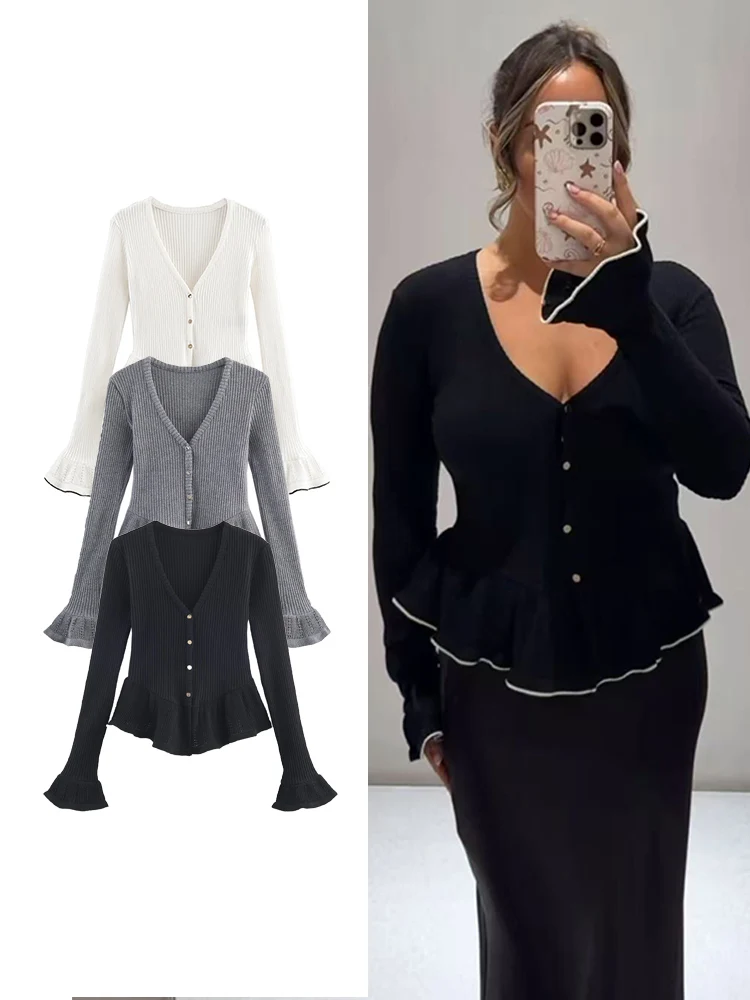 خريف جديد إمرأة عادية سترة الصلبة مضيئة كم التخسيس زر حتى محبوك معاطف المرأة ريترو محبوك سترة الشارع الشهير