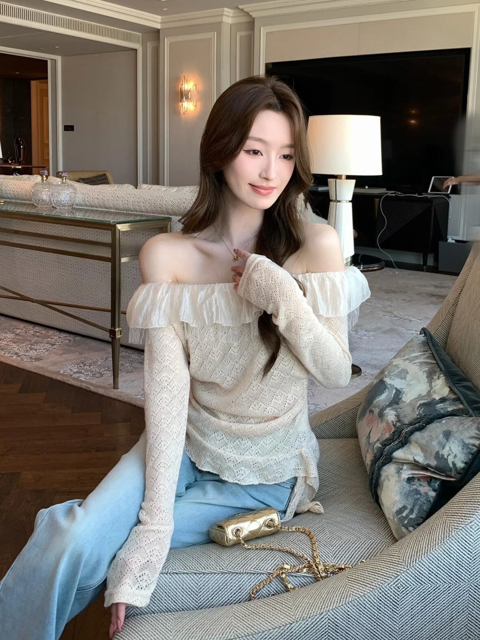 

Ele Long Sve T-irt Women's Spring 2026 New High Waist Side oulder One-oulder Base irt Top Cotton Polyester Mat...