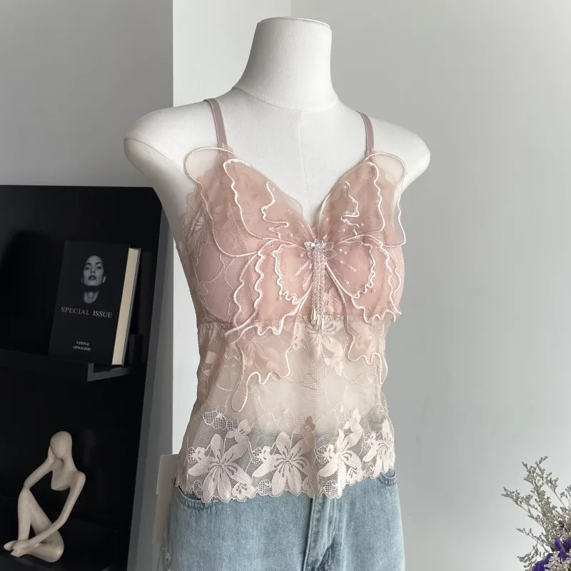 

Sexy Lace Patchwork Y2K Camisoles Backless Transparent Slim Outfits Party 90s Vintage 2025 Halter Neck Tops