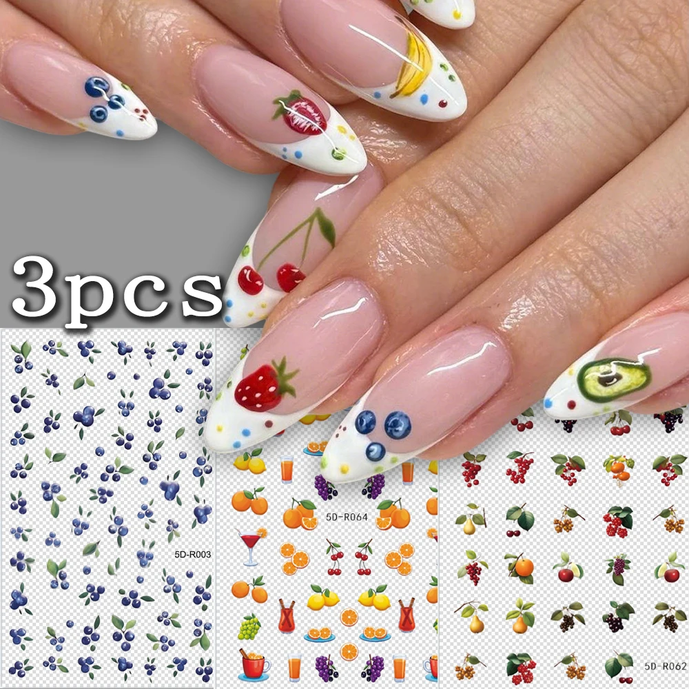 3Pcs/Set Fruit 5D Embossed Nail Art Stickers Cute Summer Tiny Blueberry Avocado Orange Adhesive Nail Decals Colorful Nail Slider