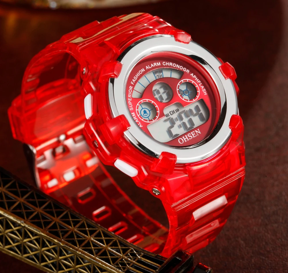 OHSEN Kids Sport Watches 50M Waterproof Red Cartoon Digital Wristwatch Stopwatch Electronic LED Children Watch For Boys Girls