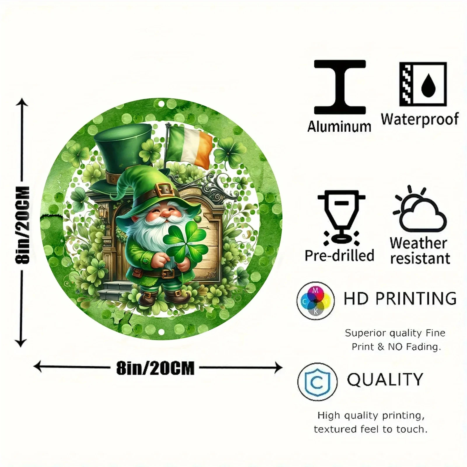 1 Piece of Vintage Irish Elf Aluminum Sign - 2D Printed Round Metal Wall Art, Featuring a Clover and Flag, Scratch-Resistant and Uv-Resistant Decoration