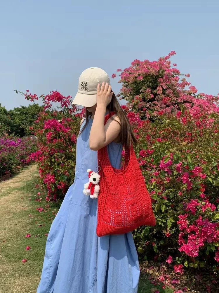 

Retro Hollow Knitted Tote Bag Lazy Korean Sle Single oulder Beach Sand Large Capaci Tot Bag Casual op Bag ape