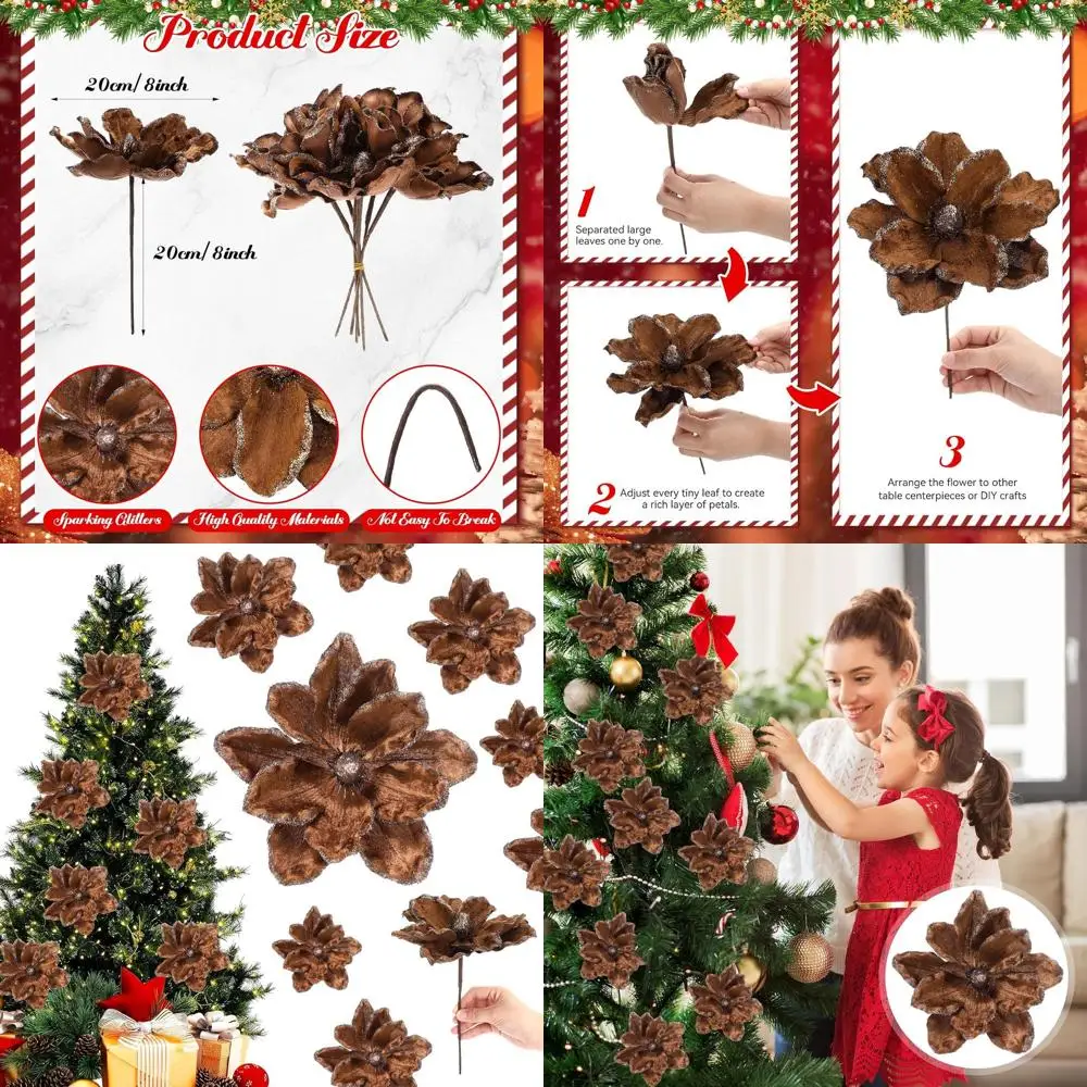 

8 больших бархатных палочек магнолии и пуансеттии — 24 стебли для украшения рождественской елки, вечеринок или венков (коричневый)