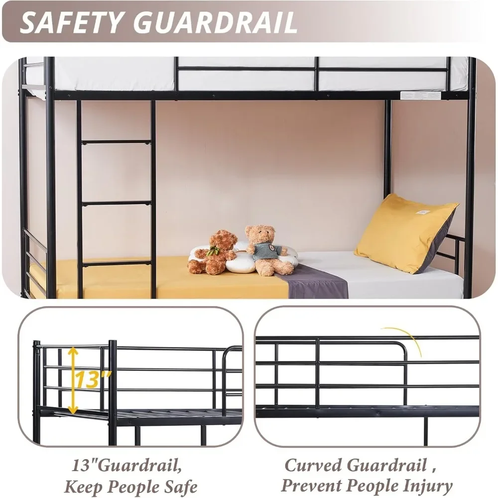 Bunk Bed Twin Over Twin, Metal Bunk Bed with Built-in Ladder and Safety Guardrail, Space-Saving Twin Bunk Beds for Kids, Teens