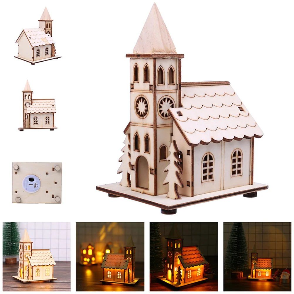 Wooden Illuminated Cabin Tin Christmas House Ornaments Light-up Decorations Xmas Mini Crafts