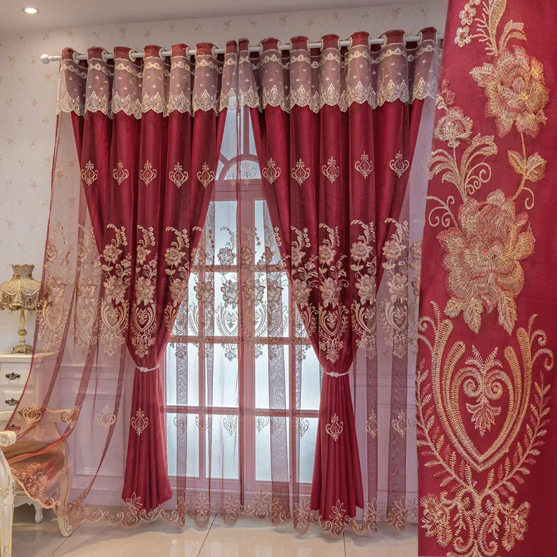 

European Style Red Double Layer Sheer & Opaque Custom Curtains for Living Room Bedroom Balcony