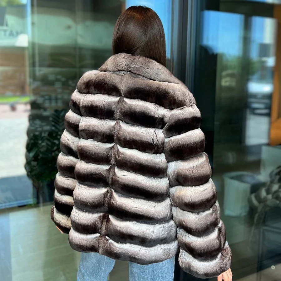 Rex Rabbit Fur Coat Chinchilla Colored Crop Fur Jackets Real Fur Coat Women Clothing 2024 New Arrivals