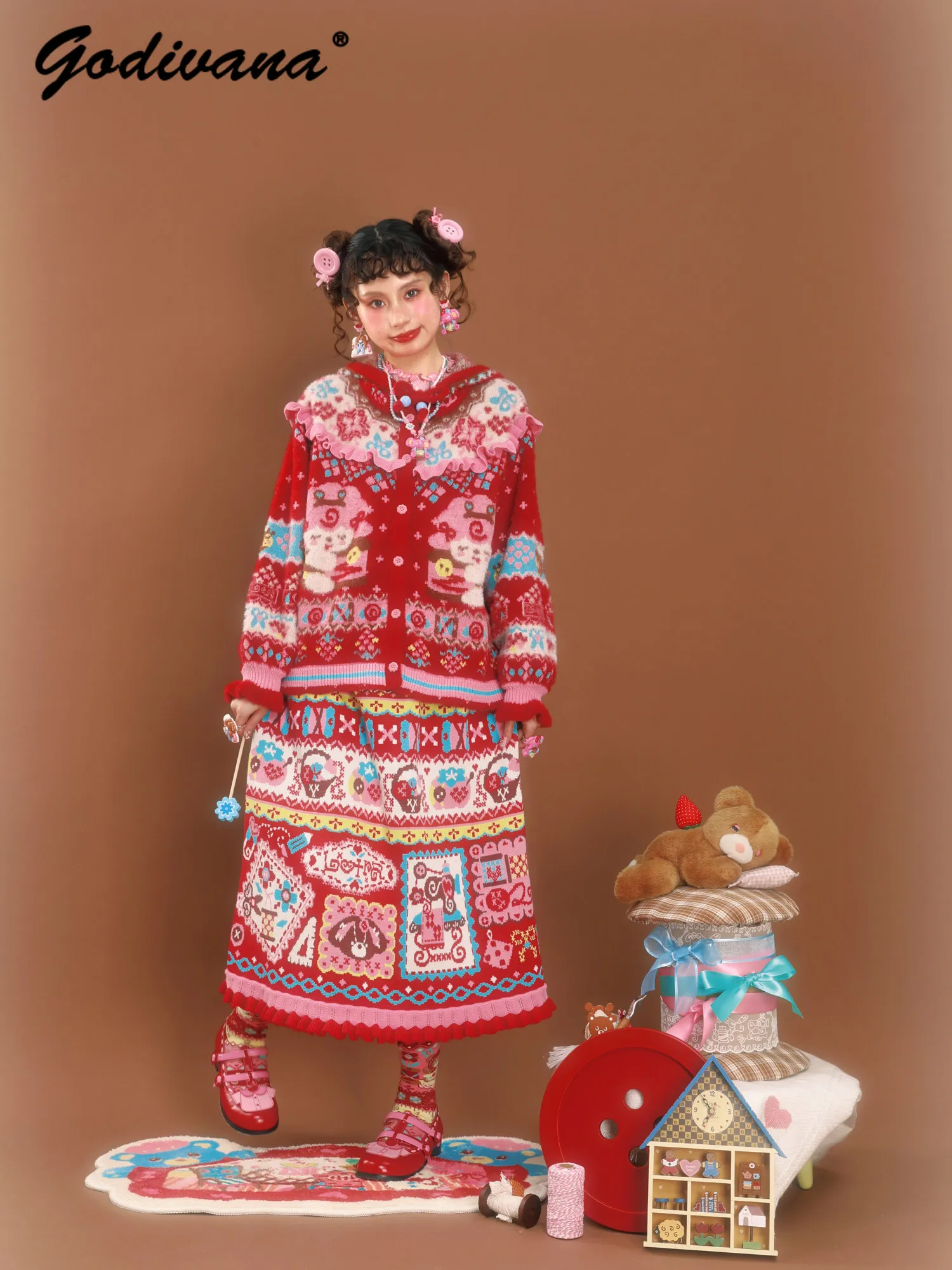 Red Jacquard Retro Pattern Lace Trim Knit Midi Skirt New Autumn and Winter Female Girls Cartoon Elastic Waist Long Knitted Skirt