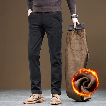 2025 New Winter Fleece Warm Corduroy Pants Men Business Fashion Slim Fit Stretch Thicken Gray Khaki Fluff Casual Trousers Male 6