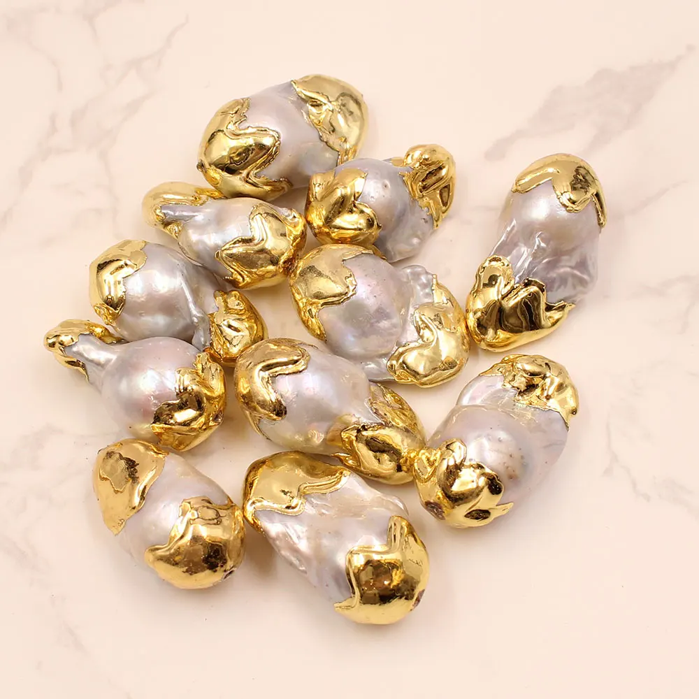 APDGG 5 Pcs Big Freshwater Gray Keshi Pearl Connector Pendant Gold Plated Baroque Pearl Loose Beads For Jewelry Making DIY