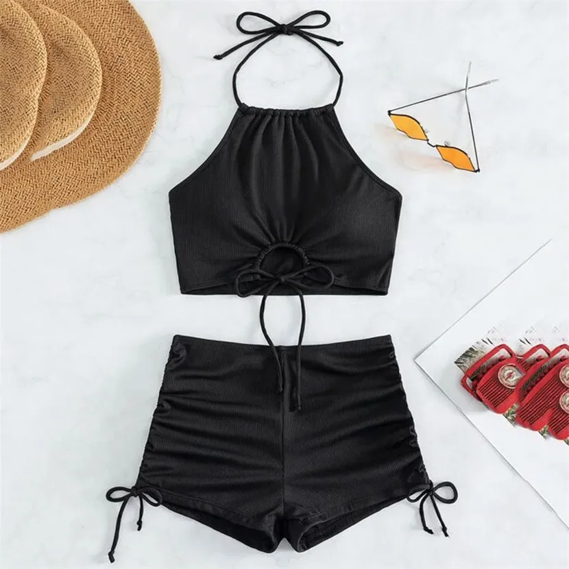 Black Bottom Shorts Swimsuits Women Halter Bikinis Set String Drawstring Swimwear Sexy Bathing Suit Beachwear Bikini 2024 Mujer