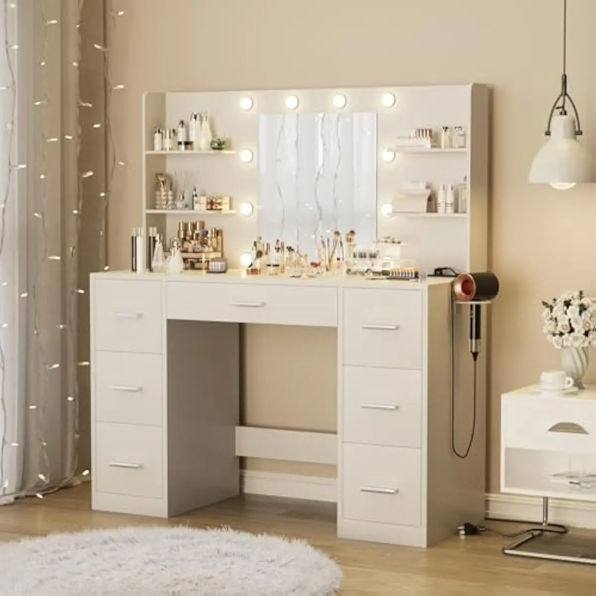 Vanity Desk Featuring Adjustable Tri-Color LED Mirror, 7 Spacious Drawers, 6 Open Shelves, Dual AC Outlets, USB-A and USB-C Port