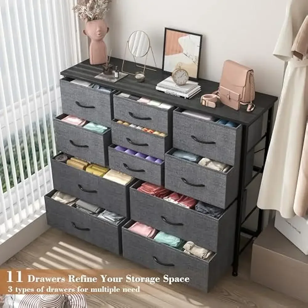 11 Drawers Dresser for Bedroom, Wide Dressers & Chests of Drawers with Wood Top, Fabric Storage Dresser TV Stand for Bedroom