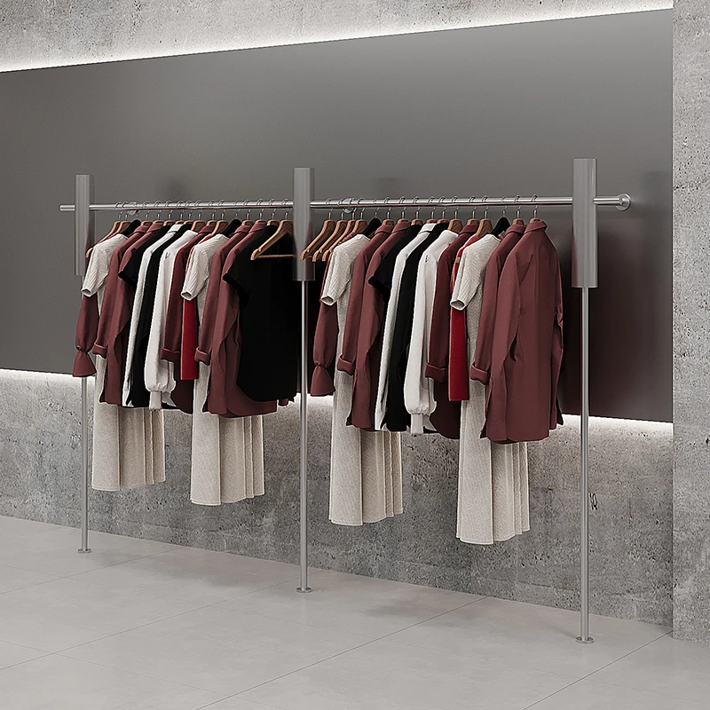 Clothing store display rack stainless steel silver floor-to-ceiling men's and women's clothing store wall-mounted hanger