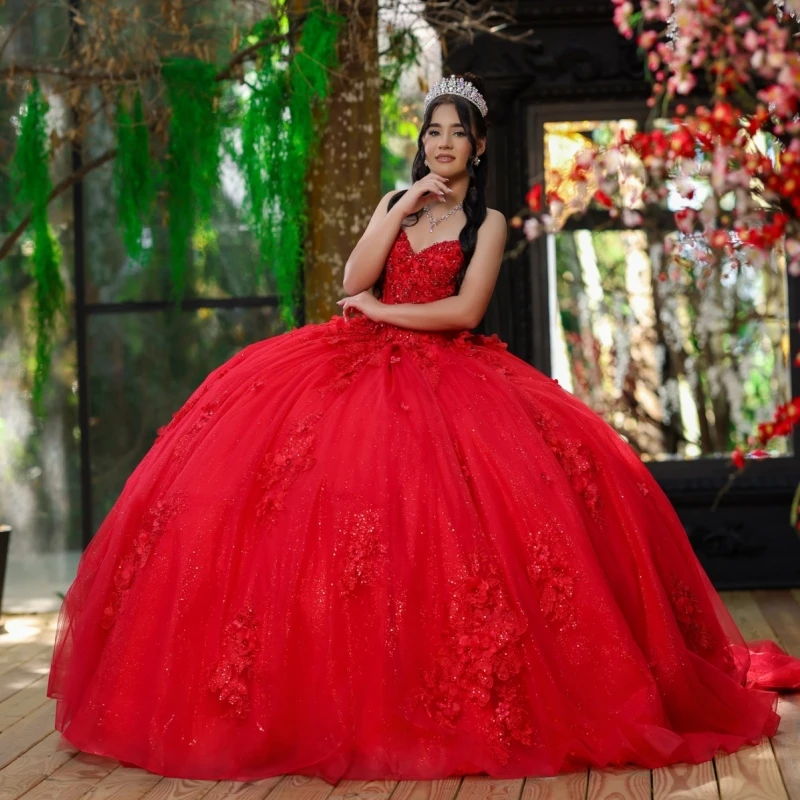 

Red Shiny Ball Gown Quinceanera Dresses Applique Lace Beading Crystal Crystal Bow Tull Corset Off Shoulder Sweet 16 Dress vestid