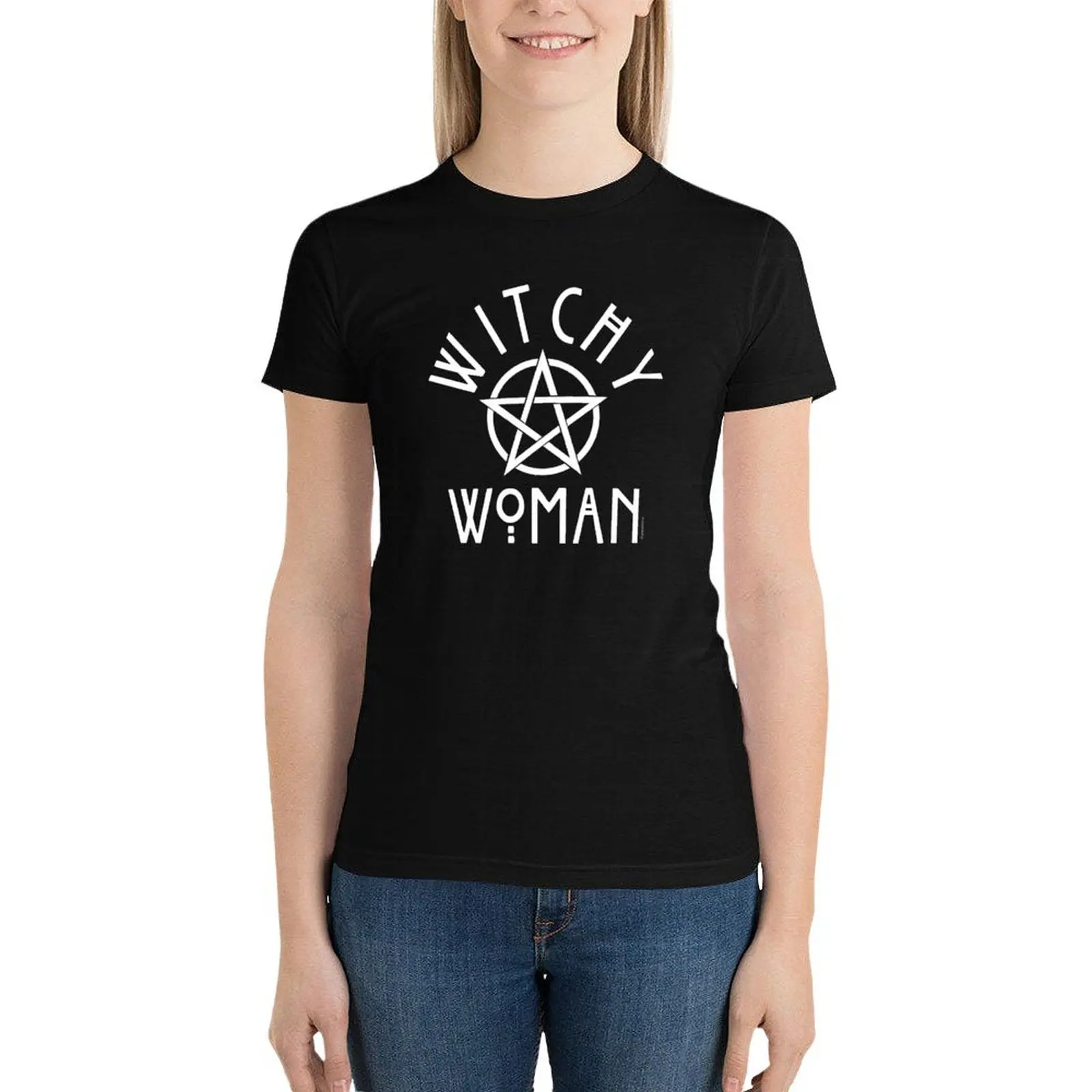 

Witchy Woman with Pentagram T-Shirt female tops vintage clothes workout shirts for Women loose fit