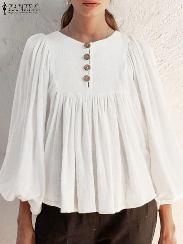 Casual Loose Simple Tops ZANZEA Oversized Solid Blouse Women Long Puff Sleeve Shirts 2023 Autumn Round Neck Pleated Chic Tunic