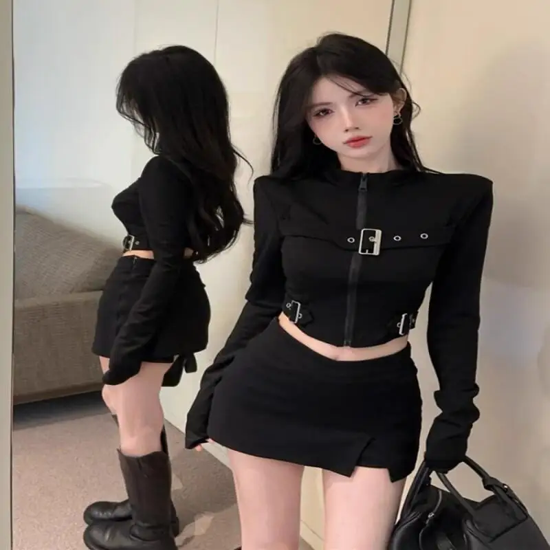 

Пуловер-футболка черного цвета с длинным рукавом, металлической застежкой-молнией и завязками для женщин, осенне-зимняя модная модель с воротником-стойкой, для многослойных образов