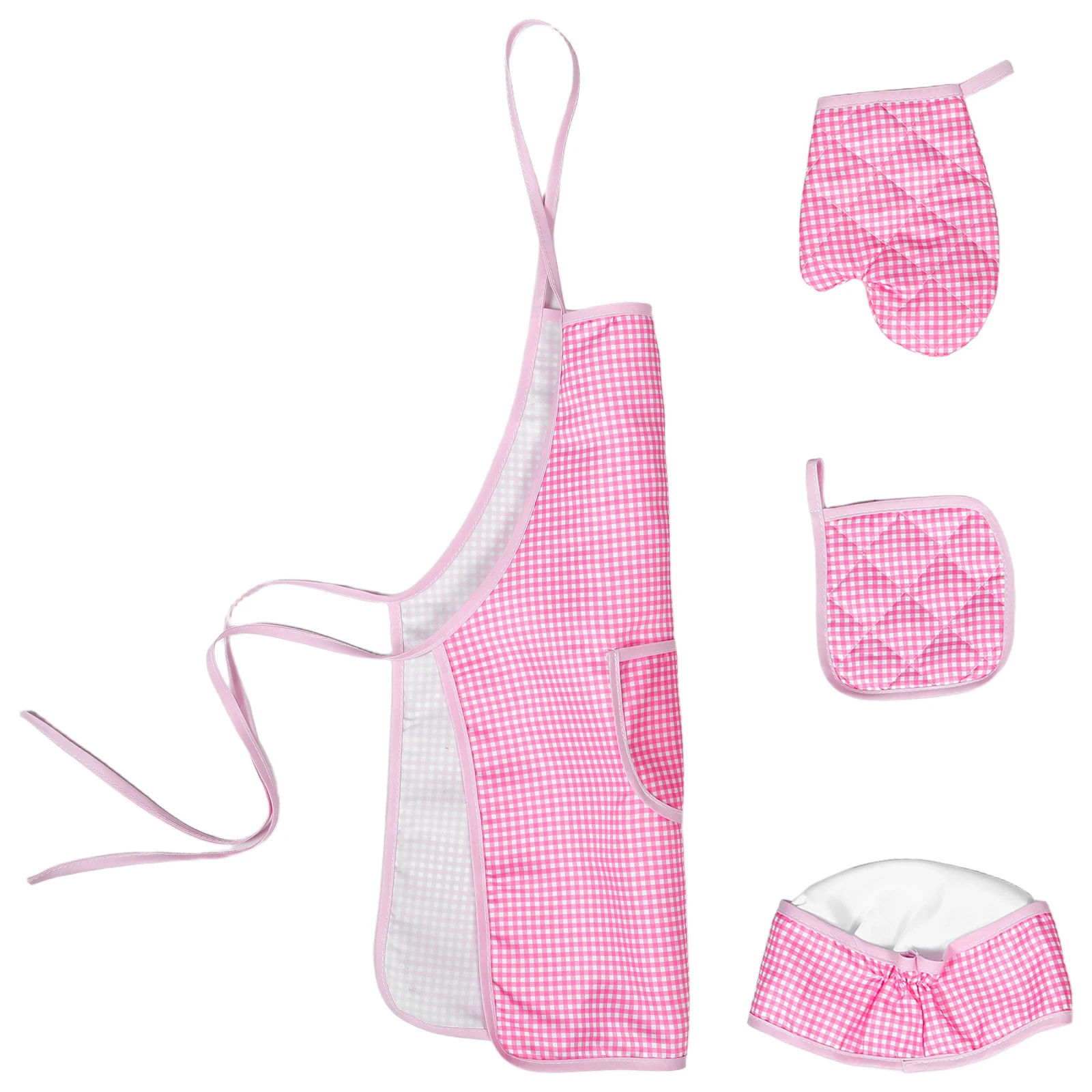 

Children Kitchen Apron Set Pink Checkered Pretend Play Cooking Supplies Kids Chef Hat Toddler Baking Tools Simulated Toys Safe