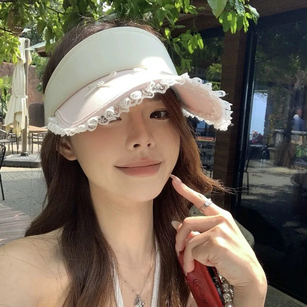 

Cute Sweet Empty Top Cap Lace Brim Adjustable Lady's Sun Hat Sunshade Bowknot Sun Protection Hat Female