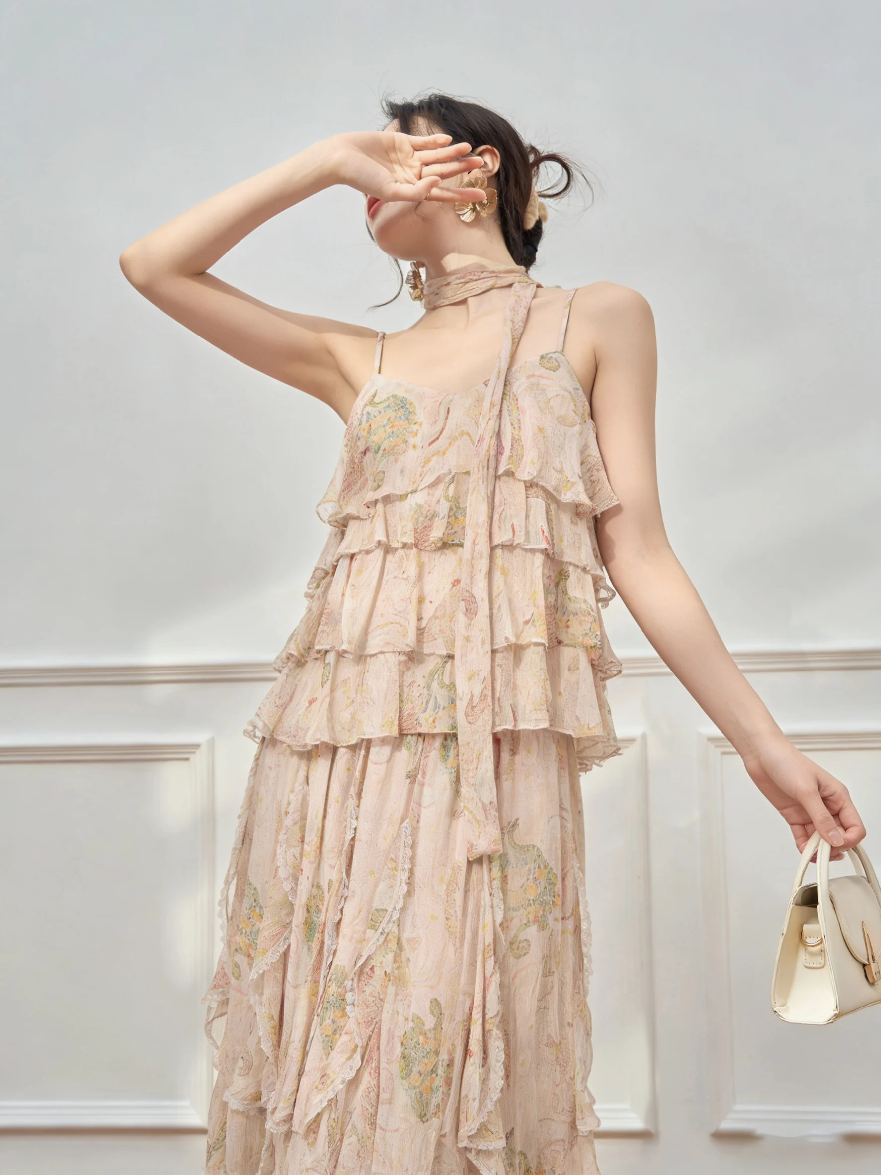 

Floral Print Layered Halter Top And Skirt Set Women's Summer Fashion Outfit High Waist V-Neck Sleeveless Loose Fit Casual