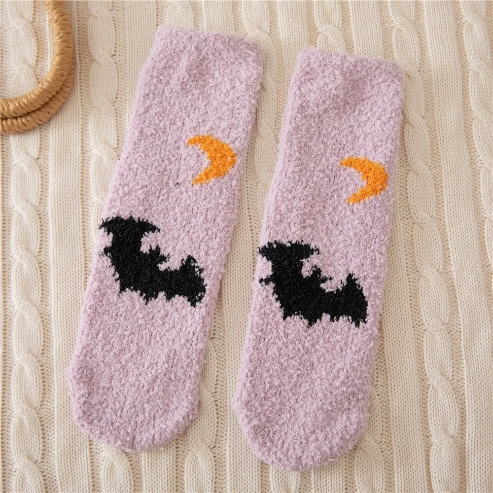 4pairs/set Coral Fleece Halloween Socks Breathable Elastic Pumpkin Wizard Hat Tube Socks Soft Warm Bat Ghost Mid-Calf Socks