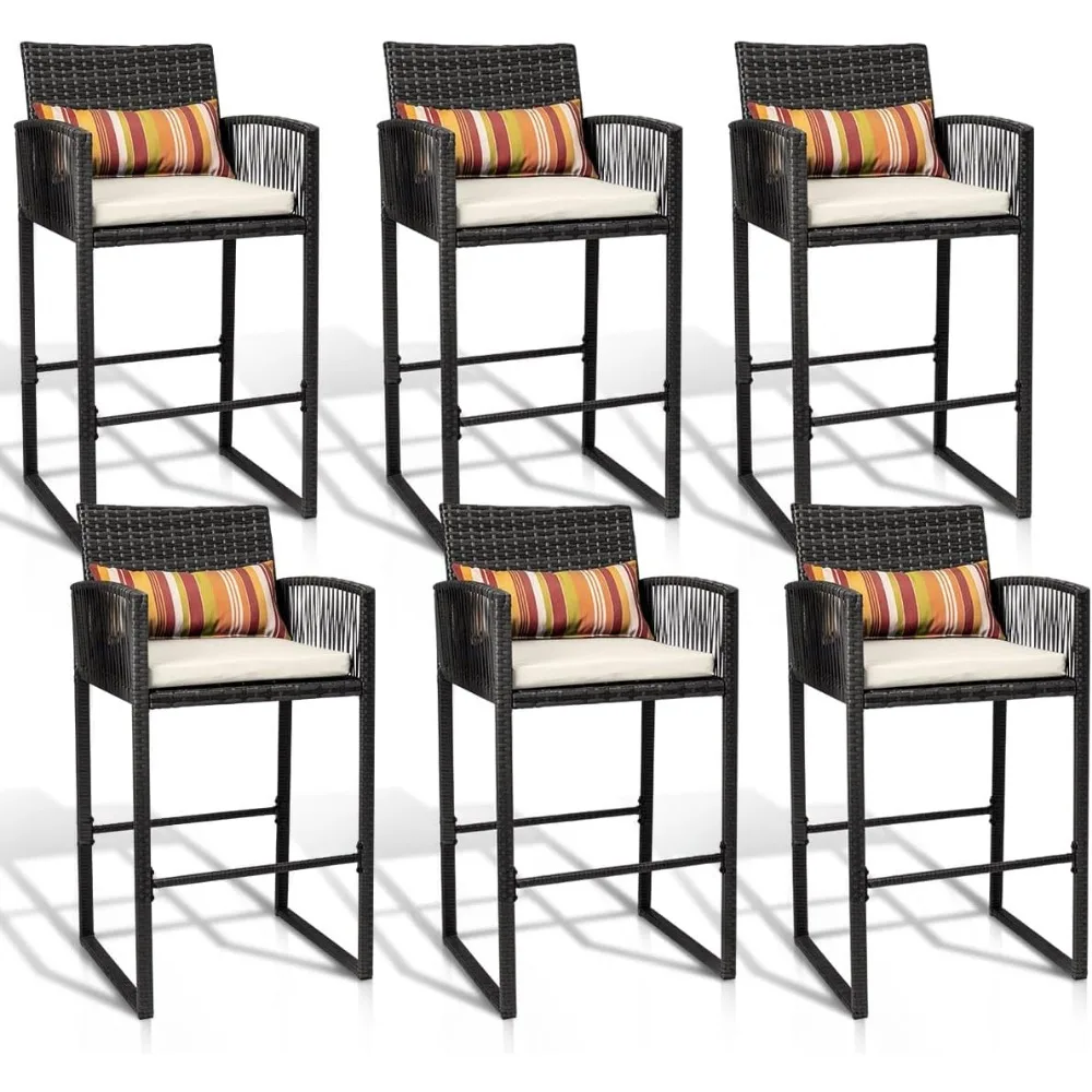 

Wicker Bar Stools, Patio Counter Height Rattan Rope Stools with Back Rest, High Chair with Pillow & Cushion