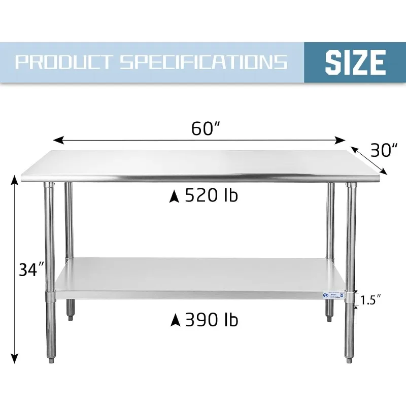 Stainless Steel Table for Prep & Work 30 x 60 Inches, NSF Commercial Heavy Duty Table with Undershelf and Galvanized Legs