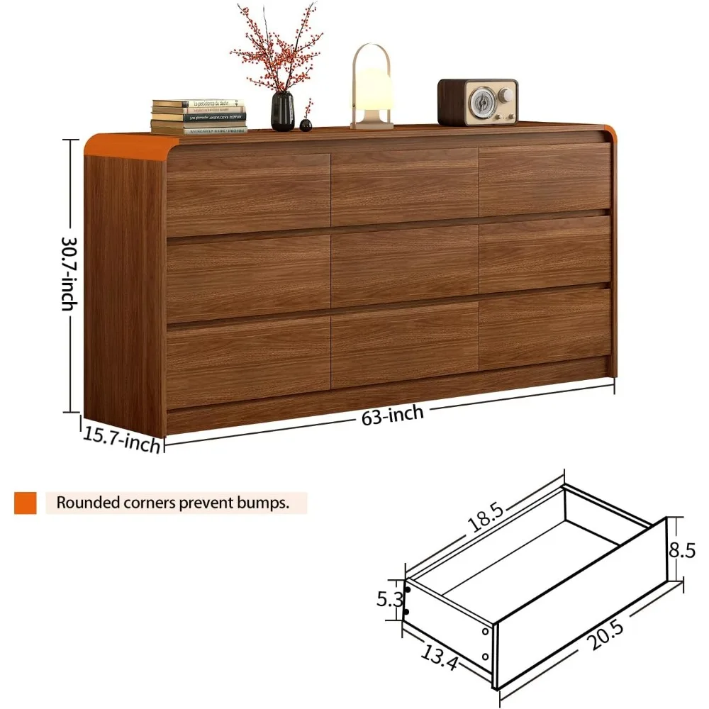 Lemari Laci Modern 9 Laci, Lemari Kayu 63-Inci, Desain Lengkung Anti-Tabrakan, Kabinet Penyimpanan Gaya Pertengahan Abad, Terpasang Terlebih Dahulu