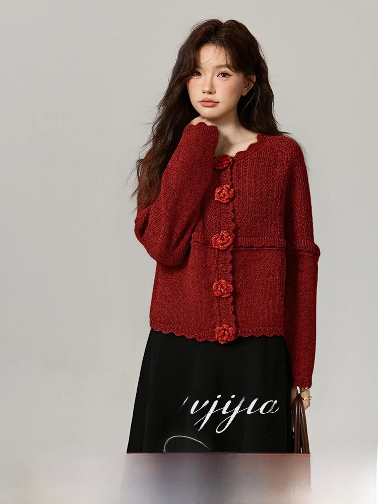 

Комплект из вязаной одежды больших размеров для зимы: юбка А-силуэта с цветочным 3D-дизайном, утягивающая, повседневная, для офиса, с высокой талией, длинный рукав