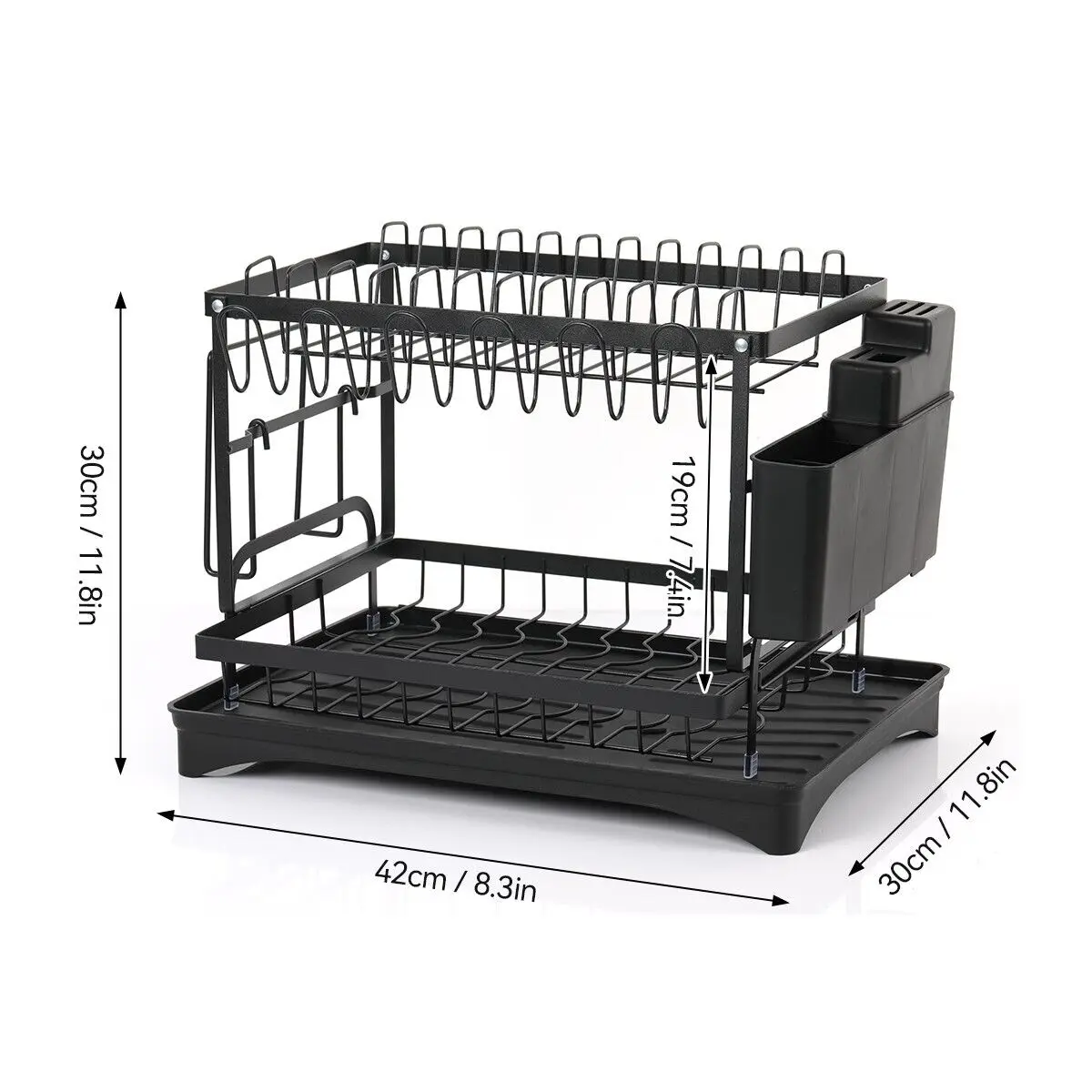 2-Tier Carbon Steel Dish Rack with Large Capacity - Double Layer Plate & Cup Drying Drainer, Cutlery Holder