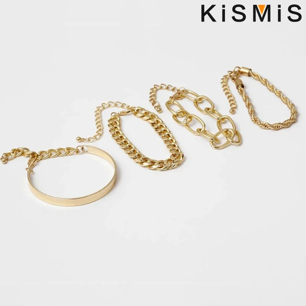 KISMIS 1Set(4Pcs) Punk Curb Cuban Chain Bracelets Set for Women Miami Boho Thick Gold Color Charm Bracelets Bangles