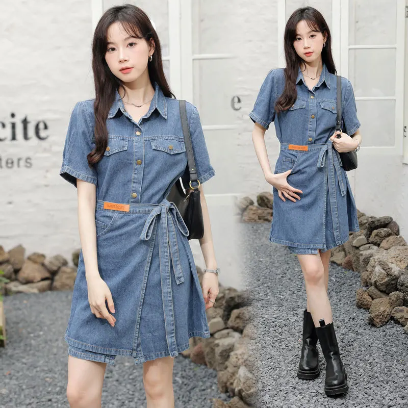 

Women Denim Dress Fashion Summer New Solid Patchwork Lace-Up A-Line Dresses French Lapel Chic Asymmetrical Short Sleeved Vestido