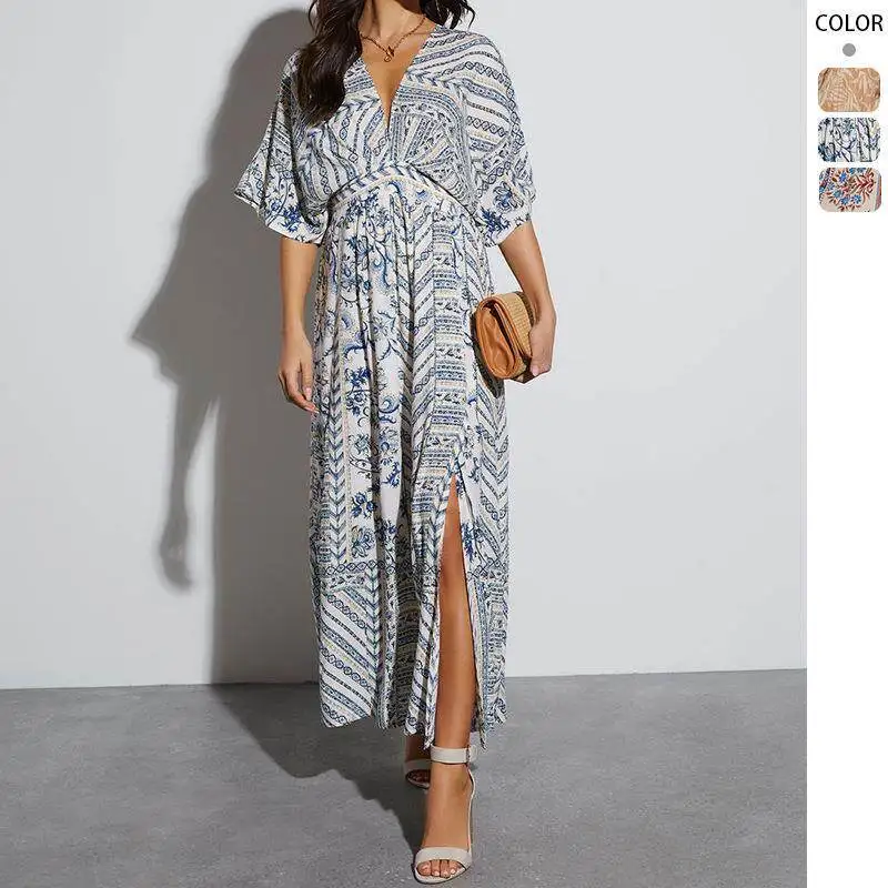 

Spring Summer Floral Print V-Neck Women's Dress Short Sleeve Long Dress Cross-Border Fashion Female Clothing Autumn Origin