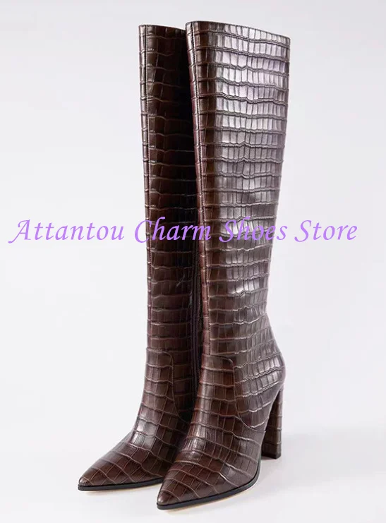 Stone Pattern Leather Woman Chunky Heel Long Boots Fashion Brown Black Pointed Toe Lady Knee High Boots Sexy Banquet Shoes