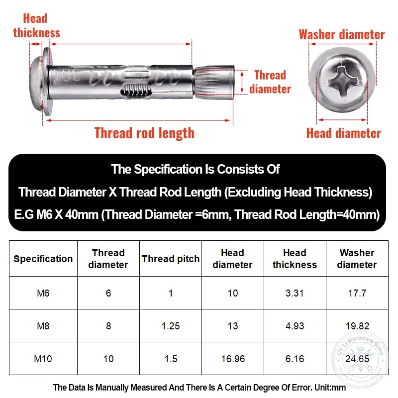 Pan Head Phillips Sleeve Expansion Anchor Bolt A2‑70 304 Stainless Steel Long Sleeve Screw M6‑M12 Masonry Concrete Wall Hardware