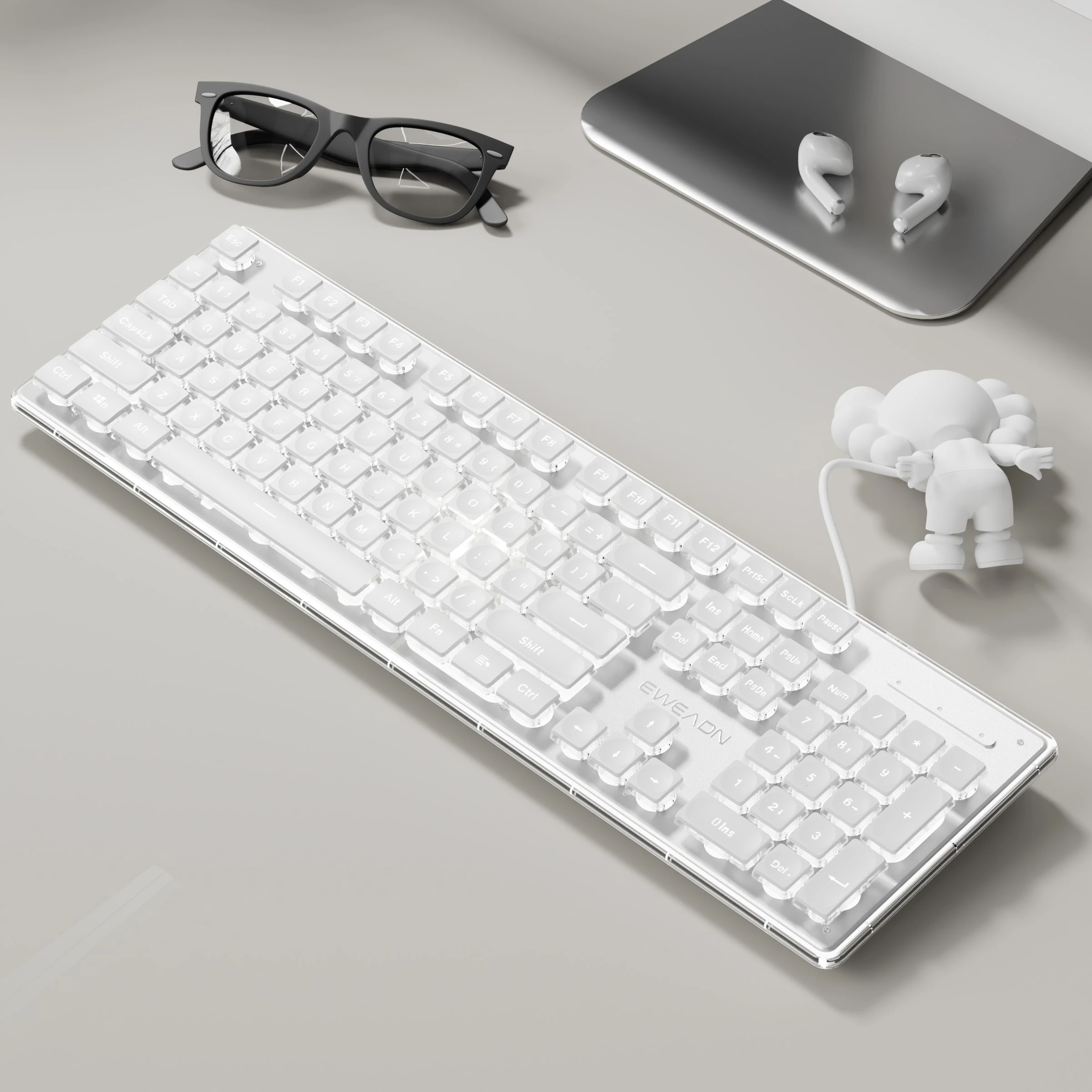 EWEADN لوحة مفاتيح سلكية صامتة للمكتب بإضاءة خلفية بيضاء، لوحة مفاتيح USB كاملة الحجم 104 أغطية مفاتيح، مريحة، ألعاب Windows/الكمبيوتر المحمول/الكمبيوتر الشخصي