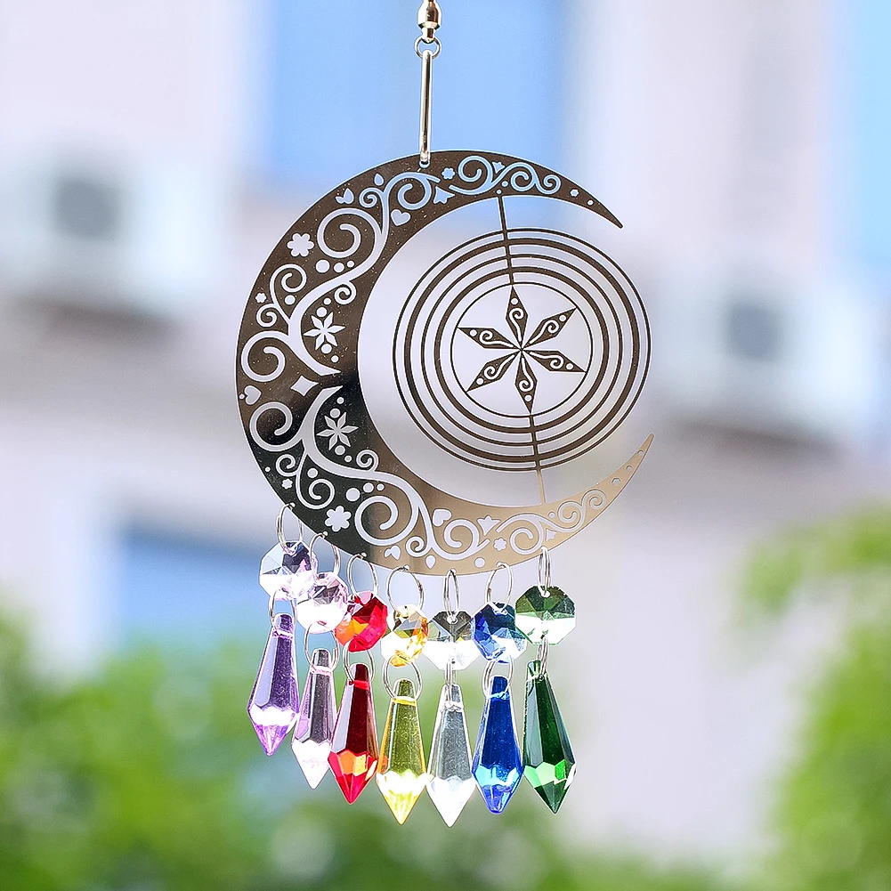 Moon Snowflake Wind Spinner Hanging Rainbow Icicle Crystal Suncatcher Prisms 3D Kinetic Whirligigs Wind Chimes Garden Yard Decor