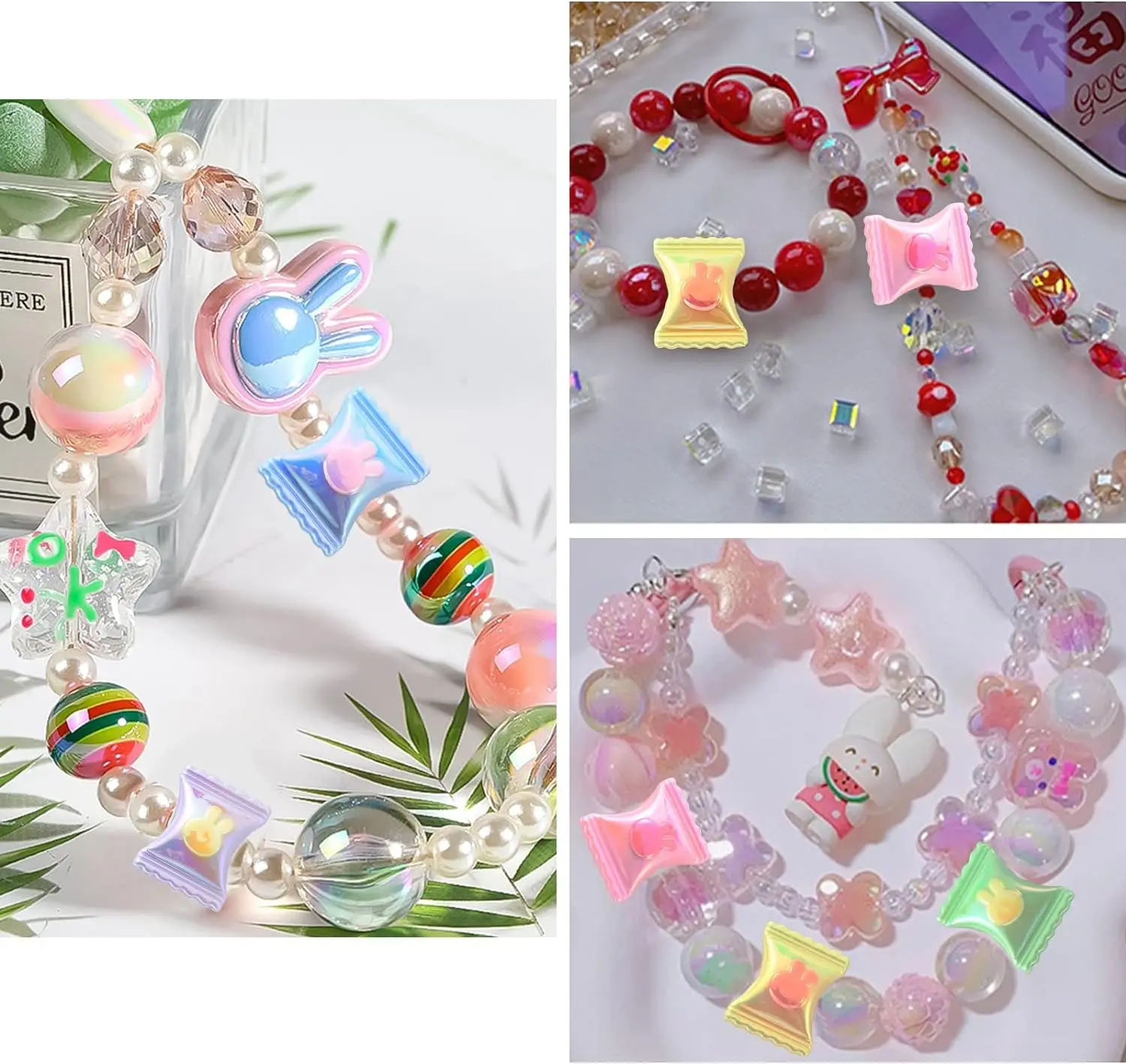 5pcs Color Acrylic Candy With Rabbit Pattern Beads Sweet For Jewelry DIY Making  Sugar Candy Keychains Bracelet Pendanat