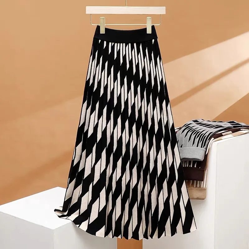 Autumn Winter Cashere Blend Plaid A-line Long Pleated Skirts Houndstooth Check Calf Knit Skirts